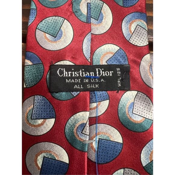 Vintage Christian Dior Tie Red Geometric Circles 100% Silk Made in USA 90s - Picture 3 of 6